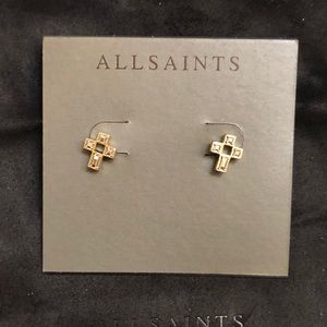 ALLSAINTS Gold Plated Over Brass Cross Stud Earrings CZ Accents NWT & Dust Bag